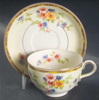 Johnson Brothers Watteau (Tan Scrolls & Dots Bdr) Flat Cup & Saucer Set, Fine Ch