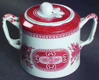 Spode Fitzhugh Red Sugar Bowl & Lid, Fine China Dinnerware   Red Band,Flowers,Sc