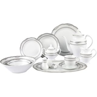 Lorenzo Victoria Porcelain 57pc Dinnerware Set (silver Border) (white with silver and peral MaterialPorcelain Dishwasher Safe 57 piece set includes8 10.5 Dinner plates 8 8.5 bowls 8 7.5 salad plates 8  7ounce cups 8  Saucers 8 5.5 Fruit/cereal bowls 1 1