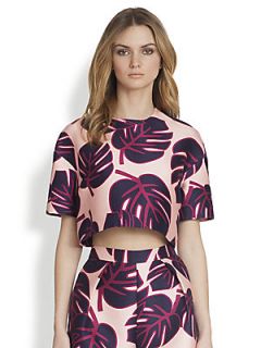 Mother of Pearl Cotton & Silk Structured Leaf Print Cropped Top   Palm Print