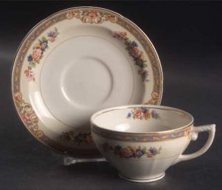 Grindley Marjorie Flat Cup & Saucer Set, Fine China Dinnerware   Floral Rim & Ce