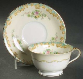 Noritake Adela Footed Cup & Saucer Set, Fine China Dinnerware   Green Border,Flo