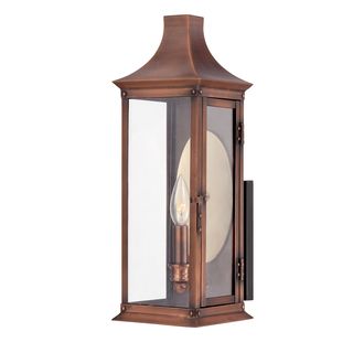 Salem 1 light Aged Copper Outdoor Wall Sconce (CopperFinish Aged copperNumber of lights One (1)Requires one (1) 60 watt B10 candelabra base bulbs (not included)Dimensions 17 inches high x 6 inches wide x 7 inch extensionShade dimensions 12.5 x 5Weight