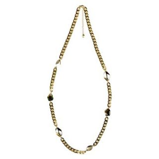 Womens Long Chain Link Necklace with Stone Stations   Gold