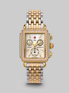 Michele Watches Deco Tricolor Diamond Chronograph Bracelet Watch   Silver Gold