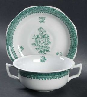 Wedgwood Mount Vernon Green Flat Cream Soup Bowl & Saucer Set, Fine China Dinner