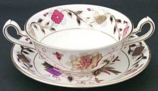 Royal Crown Derby Asian Rose (Duesbury Shape) Footed Cream Soup Bowl & Saucer Se