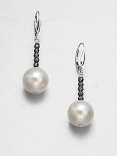 Majorica 14MM Pearl, Hematite Bead and Sterling Silver Earrings   Pearl Silver