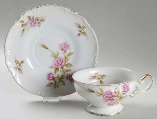 Mikasa Rosetta Footed Cup & Saucer Set, Fine China Dinnerware   Pink Roses & Bud