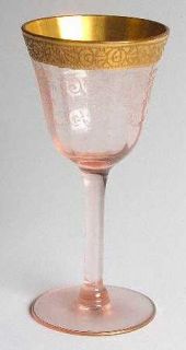 Unknown Crystal Unk509  Pink Wine Glass   Pink, Gold Encrusted, Etched Floral