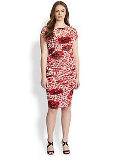 Fuzzi, Sizes 14 24 Ruched Floral Tulle Dress   Red