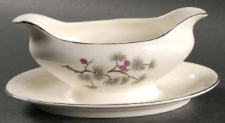 Pope Gosser Silver Pine Gravy Boat with Attached Underplate, Fine China Dinnerwa