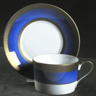 Faberge Athena Flat Cup & Saucer Set, Fine China Dinnerware   Blue Border