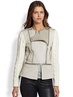 Ashley B Knit Sleeve Leather Jacket   Ivory