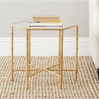 Safavieh Treasures Kerri Gold/ Glass Top Accent Table (Gold and glass topMaterials Iron and glassDimensions 17 inches high x 20 inches wide x 17.2 inches deepThis product will ship to you in 1 box.Assembly Required )