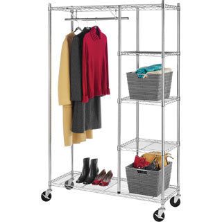 Whitmor Chrome 4 shelf Rolling Garment Rack (ChromeMaterials Chrome steelQuantity One (1)Dimensions 77 inches high x 49.90 inches wide x 19.75 inches deepDurable chromed steel constructionTwo of the four heavy duty wheels feature a locking optionAssemb