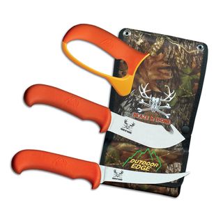 Outdoor Edge Blaze N Bone Clampack (Yellow and OrangeBlade materials 440 A stainless steelHandle materials Kraton4.25 inch Gut Hook SkinnerCordura nylon sheathOverall length 11 3/8 inchBlade length 4.8 inchesHandle length 6 inchesWeight 2 poundsDime