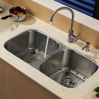 Kraus KBU22KPF2160SD20 32 inch Undermount Double Bowl Stainless Steel Kitchen Sink with Kitchen Faucet and Soap Dispenser