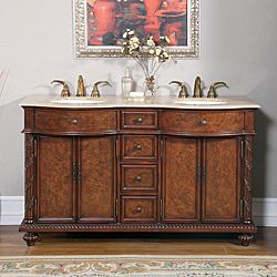 Silkroad Exclusive Travertine Stone Top 60 inch Double Sink Cabinet Bathroom Vanity (Brazilian rosewood Type Bathroom double sink cabinet vanity Materials Natural stone, solid wood structure and CARB Ph2 certified panelsHardware finish Antique brassFau