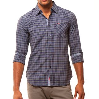 191 Unlimited Mens Casual Blue Plaid Woven Shirt