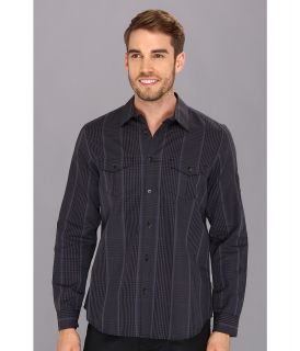 Calvin Klein YD Plaid Cotton Linen Chambray Slub Shirt Mens Long Sleeve Button Up (Black)