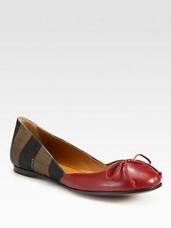 Fendi Pequin Leather and Canvas Logo Ballet Flats   Red Brown