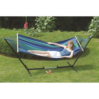 Cayman Double Fabric Hammock/stand Combo (Blue/ greenMaterials 100 percent cottonOverall Length 120 inchesBed Size 79 inches long x 48 inches wideDimensions 42 inches high x 41 inches wide x 79 120 inches longModel 31190Assembly Required. 79 inches l