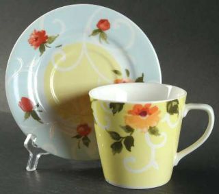 222 Fifth (PTS) Ashbury Flat Cup & Saucer Set, Fine China Dinnerware   Red/White