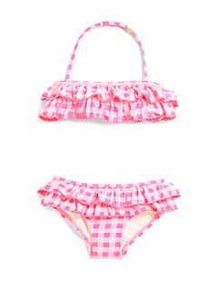 Juicy Couture Girls Two Piece Gingham Style Ruffled Bandeau Bikini Set   Pink