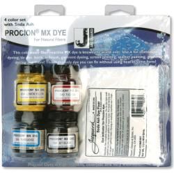 Jacquard Procion Mx Dye Four color Set (Lemon yellow, fuchsia, turquoise, and jet blackMaterials Dye, soda ashPackage includes four 2/3 ounce bottles of dye and 1 pound of soda ashUse for tie dye, batik, immersion dyeing, and direct applicationThe colors