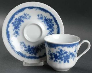 Mikasa Jardin Bleu Flat Cup & Saucer Set, Fine China Dinnerware   Blue Roses,Flo