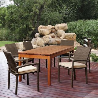 Adriana 7 piece Eucalyptus And Wicker Outdoor Dining Set (Natural/grey/off whiteMaterials 100 percent FSC Eucalyptus wood and wickerFinish StainedCushions included YesWeather resistant YesUV protection YesTable dimensions 30 inches high x 34 inches 