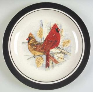 Folkcraft Cardinal Dinner Plate, Fine China Dinnerware   Black Band,Birds In Cen