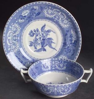 Spode Camilla Blue (Earthenware,Scalloped)  Footed Cream Soup Bowl & Saucer Set,