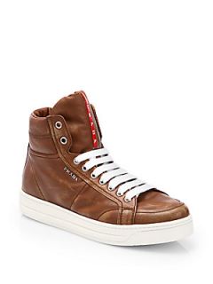 Prada Leather Lace Up High Top Sneakers