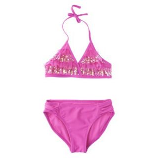 Xhilaration Girls 2 Piece Ruffled Sequin Halter Bikini Swimsuit Set   Pink L
