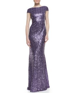Womens Cap Sleeve Cowl Back Sequined Gown, Lilac   Badgley Mischka Collection
