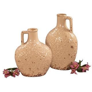 Distressed Ivory Glaze Ceramic Pitchers (set Of 2)