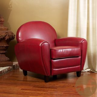 Christopher Knight Home Oversized Ruby Red Leather Club Chair (Ruby redMaterials WoodFinish Dark brownUpholstery materials Bonded leatherLegs Dark brown wood finishSeat dimensions 18.5 inches high x 21.5 inches wideChair dimensions 34 inches high x 