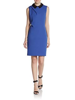 Leather Point Collar Shift Dress   Blue