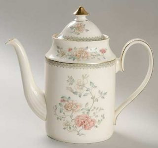 Minton Jasmine Coffee Pot & Lid, Fine China Dinnerware   Peach&White Flowers,Gre