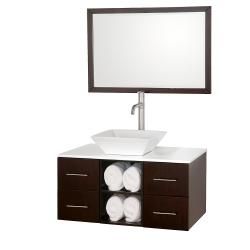 Wyndham Collection Abba Espresso 36 inch Single Bathroom Vanity Set (Espresso, Top White GlassVanity dimensions 36 inches wide x 21 inches deep x 17.5 inches highMirror dimensions 36 inches wide x 24 inches highProfessional installation recommended. Thi
