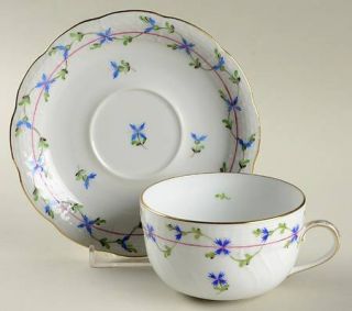 Herend Blue Garland (Pbg) Flat Cup & Saucer Set, Fine China Dinnerware   Blue Fl