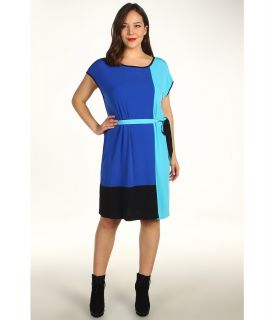 Calvin Klein Plus Size Color Block Self Belt Dress Womens Dress (Navy)