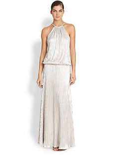 Laundry by Shelli Segal Pleated Foil Jersey Gown   Silver