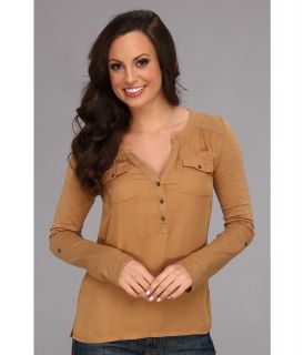Lucky Brand Woven Front Henley Womens Long Sleeve Pullover (Brown)
