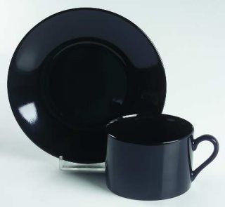 Taitu Uno Black Flat Cup & Saucer Set, Fine China Dinnerware   Solid Black,Smoot