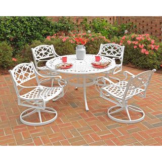 Biscayne 42 inch 5 piece White Cast Aluminum Patio Dining Set (WhiteMaterials Cast aluminum Finish WhiteCushions included NoWeather resistant YesAntiqued powder coat finish sealed with a clear coat to protect finishCenter opening to accommodate umbrel
