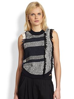 3.1 Phillip Lim Fringed Colorblock Woven & Knit Top   Navy