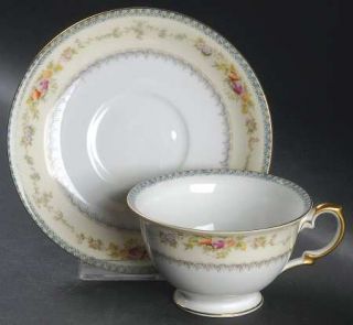 Meito V2144 Footed Cup & Saucer Set, Fine China Dinnerware   Blue&Yellow Border,
